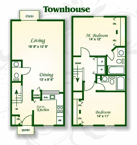 Floor plan for 2 beds, 2.5 baths, 1181 sqft