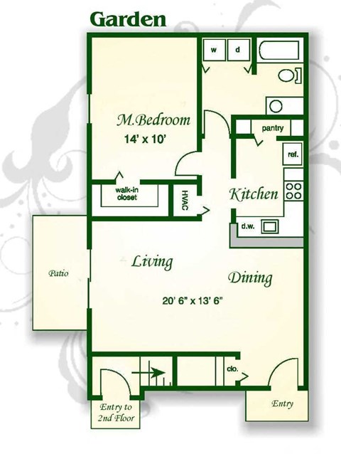 Floor plan for 1 bed, 1 bath, 799 sqft