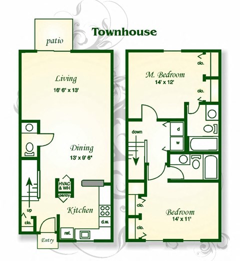Floor plan for 2 beds, 2.5 baths, 1154 sqft