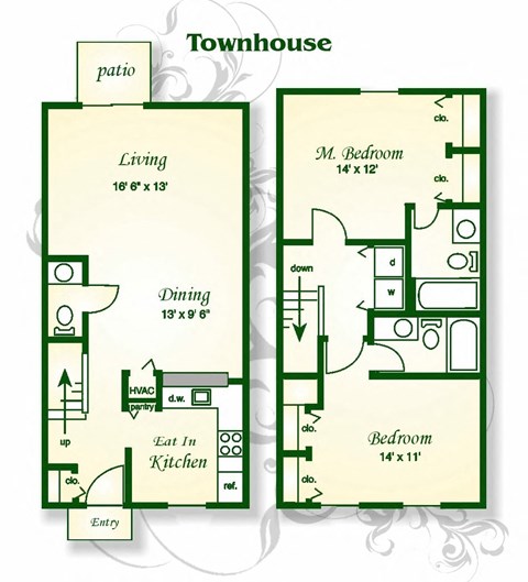 Floor plan for 2 beds, 2.5 baths, 1182 sqft