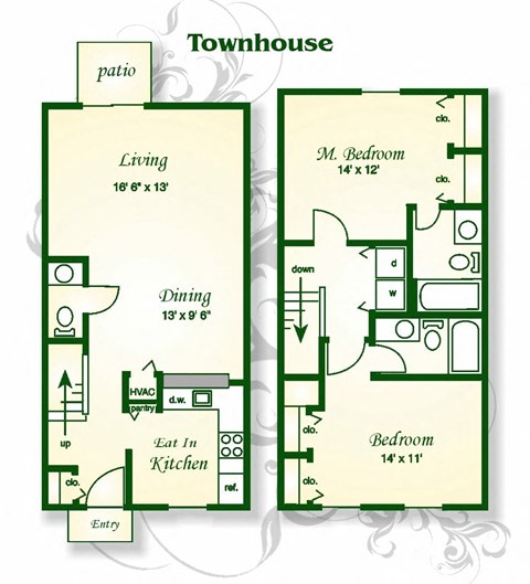 Floor plan for 2 beds, 2.5 baths, 1182 sqft