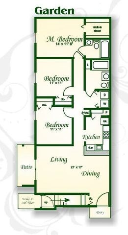 Floor plan for 3 beds, 2 baths, 1334 sqft