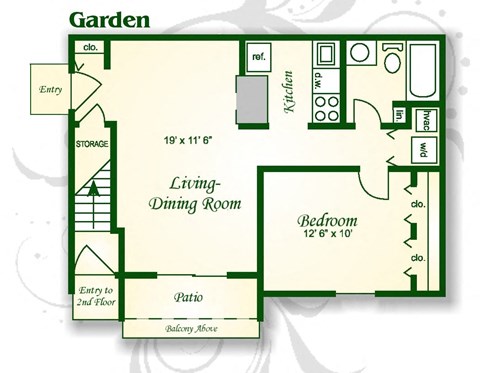 Floor plan for 1 bed, 1 bath, 644 sqft