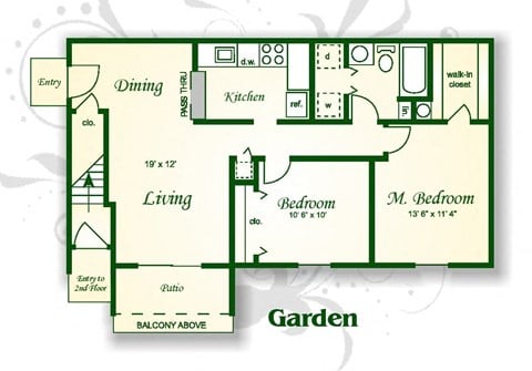 Floor plan for 2 beds, 1 bath, 852 sqft