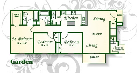 Floor plan for 3 beds, 2 baths, 1260 sqft