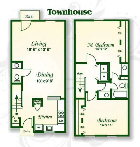 Floor plan for 2 beds, 1.5 baths, 1154 sqft