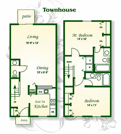 Floor plan for 2 beds, 2.5 baths, 1181 sqft