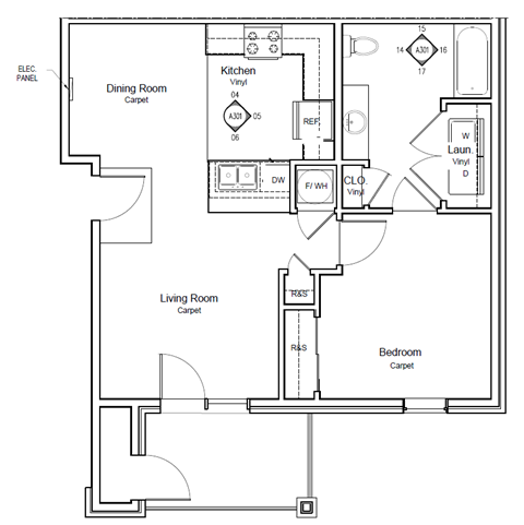Floor plan for 1 bed, 1 bath, 783 sqft