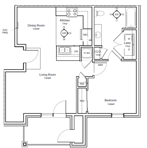 Floor plan for 1 bed, 1 bath, 833 sqft