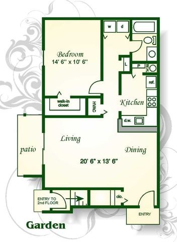 Floor plan for 1 bed, 1 bath, 799 sqft