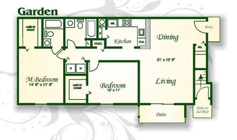 Floor plan for 2 beds, 2 baths, 1074 sqft