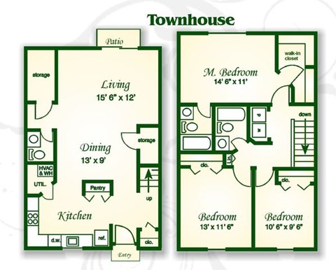 Floor plan for 3 beds, 2.5 baths, 1491 sqft
