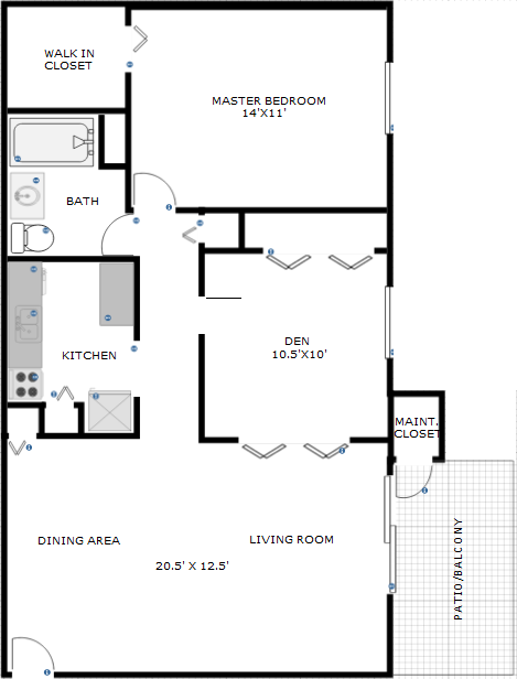 Floor plan for 1 bed, 1 bath, 850 sqft