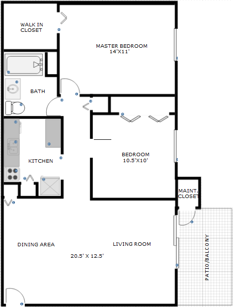 Floor plan for 2 beds, 1 bath, 850 sqft