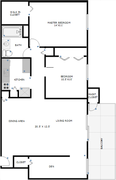Floor plan for 2 beds, 1 bath, 925 sqft