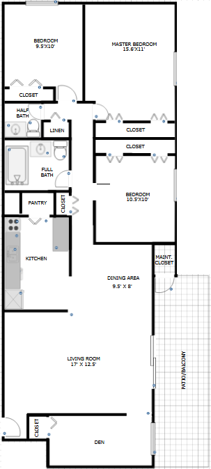 Floor plan for 3 beds, 1.5 baths, 1275 sqft