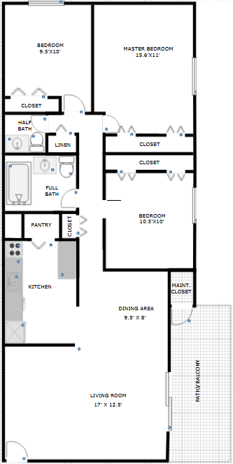 Floor plan for 3 beds, 1.5 baths, 1200 sqft