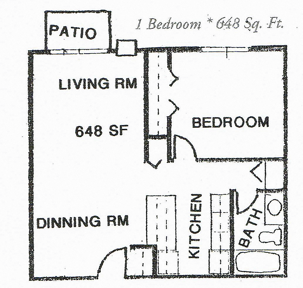 Floor plan for 1 bed, 1 bath, 624 sqft