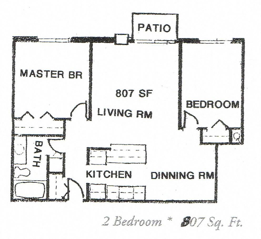 Floor plan for 2 beds, 1 bath, 768 sqft