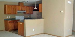 Mankato townhouse for rent - an empty kitchen with wooden cabinets and a counter top