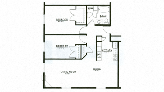Floor plan for 2 beds, 1 bath, 1116 sqft