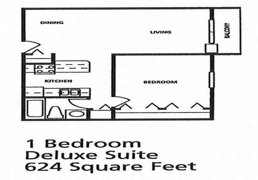 Floor plan for 1 bed, 1 bath, 624 sqft