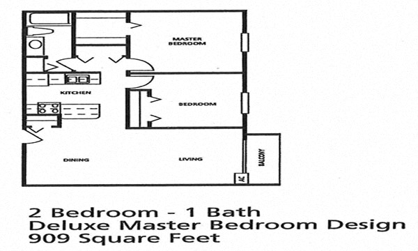 Floor plan for 2 beds, 1 bath, 909 sqft