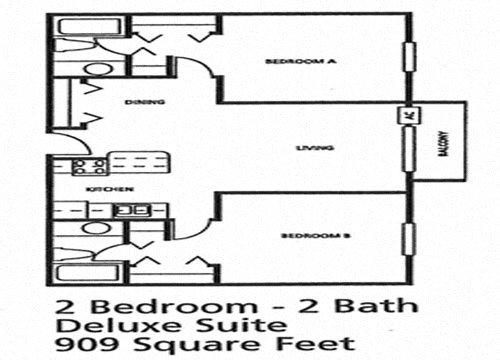 Floor plan for 2 beds, 2 baths, 909 sqft