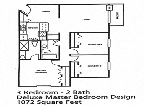 Floor plan for 3 beds, 2 baths, 1072 sqft