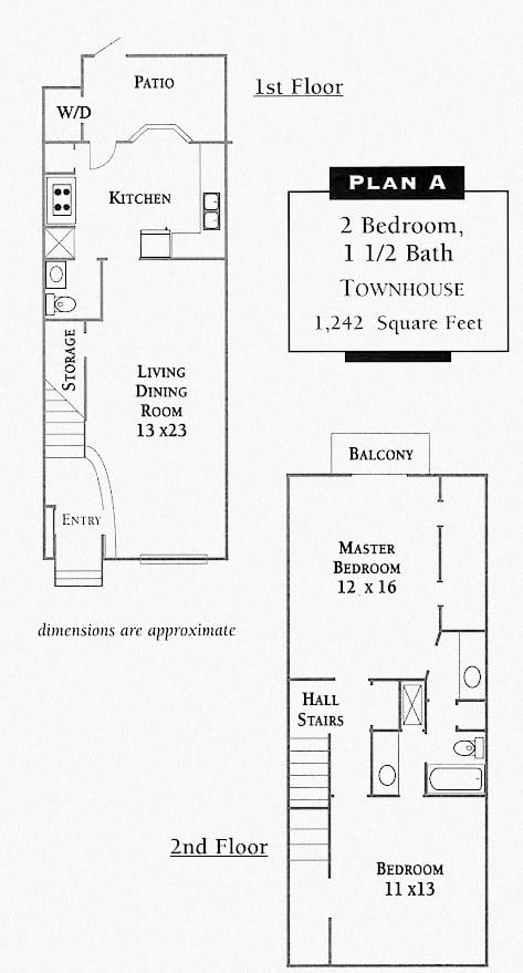 Floor plan for 2 beds, 1.5 baths, 1242 sqft