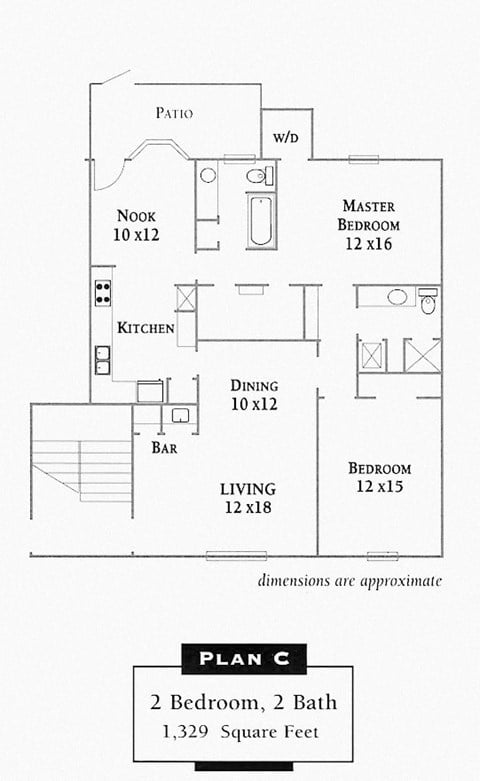 Floor plan for 2 beds, 2 baths, 1329 sqft