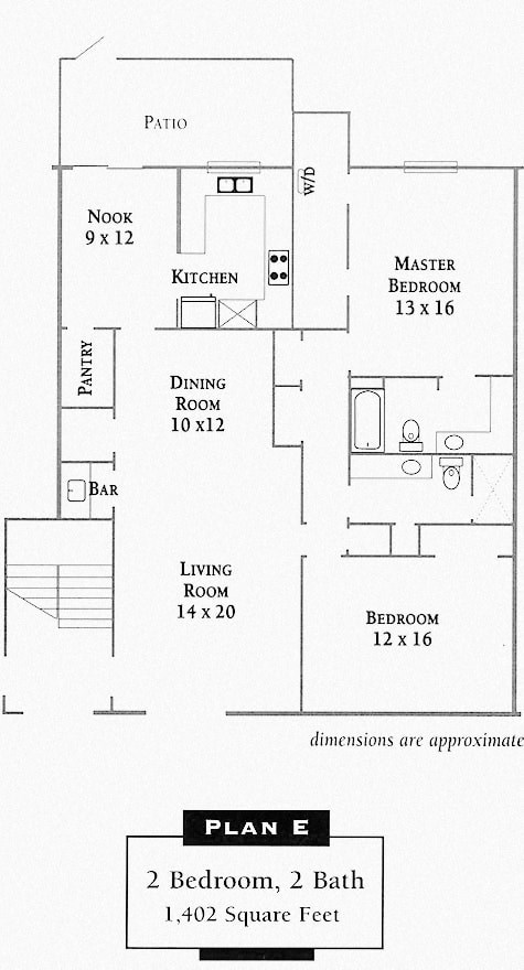 Floor plan for 2 beds, 2 baths, 1402 sqft