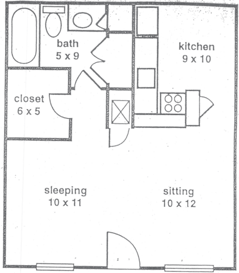 Floor plan for studio, 1 bath, 472 sqft