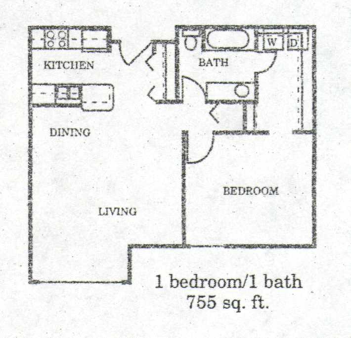 Floor plan for 1 bed, 1 bath, 755 sqft