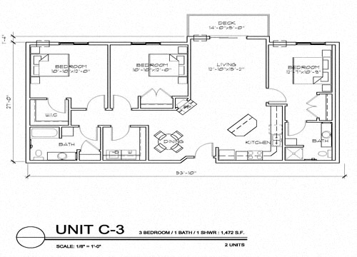 Floor plan for 3 beds, 2 baths, 1472 sqft