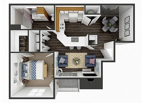 Floor plan for 1 bed, 1 bath, 730 sqft