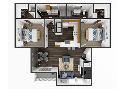 Floor plan for 2 beds, 2 baths, 1009 sqft