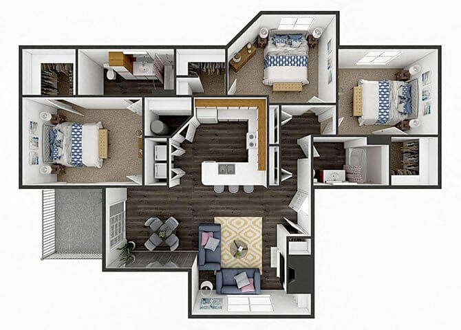 Floor plan for 3 beds, 2 baths, 1235 sqft