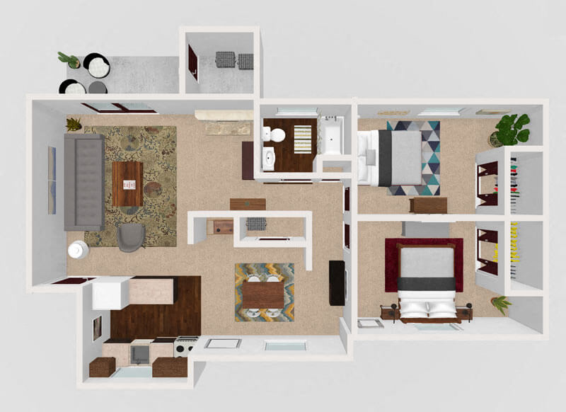 Floor plan for 2 beds, 1 bath, 780 sqft