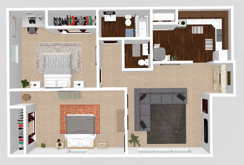 Floor plan for 2 beds, 1.5 baths, 765 sqft