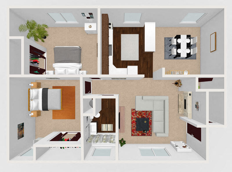 Floor plan for 2 beds, 1 bath, 755 sqft