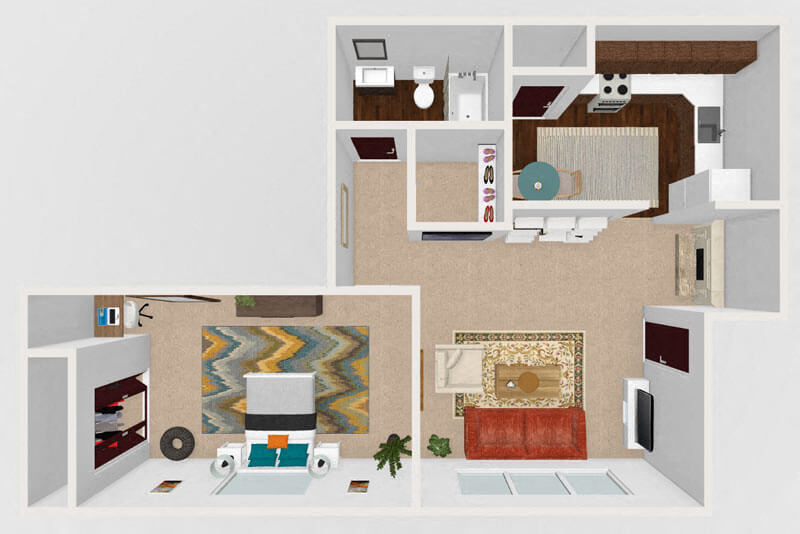 Floor plan for 1 bed, 1 bath, 620 sqft