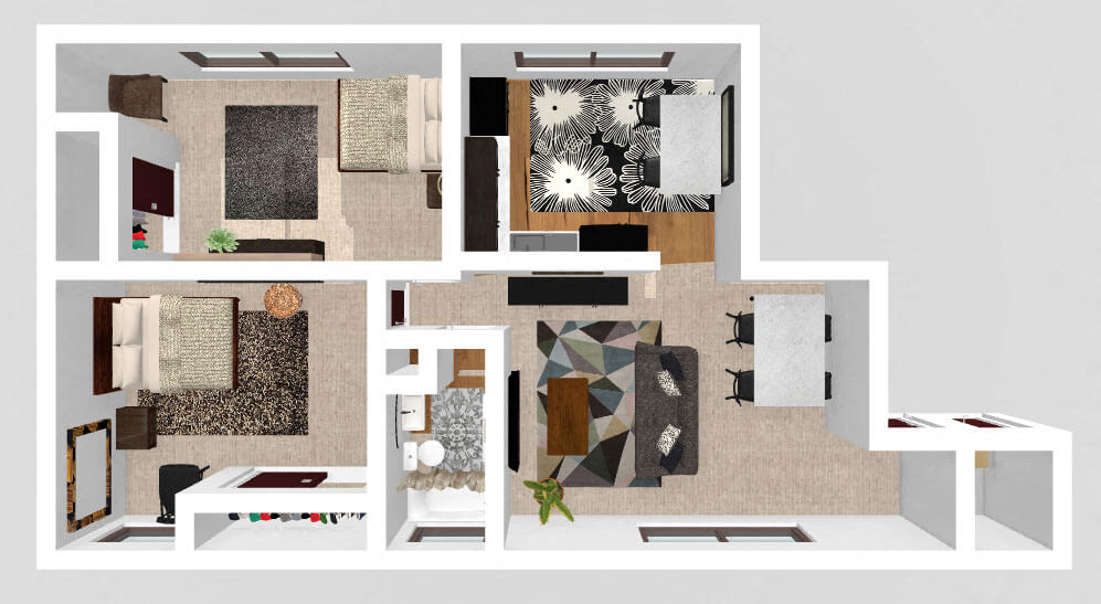 Floor plan for 2 beds, 1 bath, 670 sqft