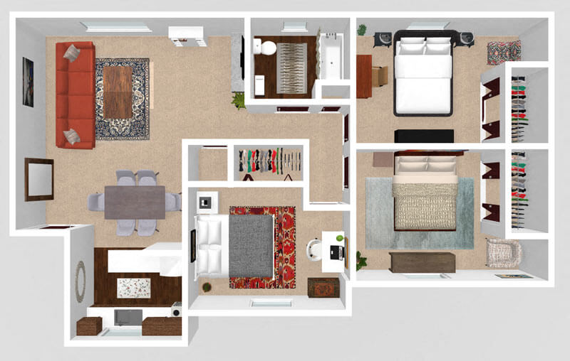 Floor plan for 3 beds, 1 bath, 785 sqft