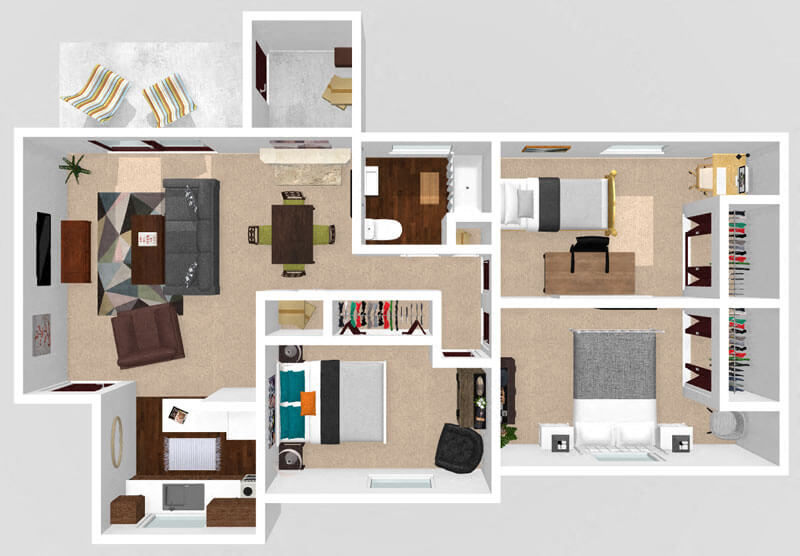 Floor plan for 3 beds, 1 bath, 780 sqft