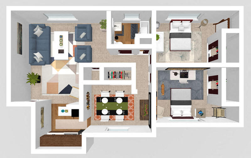 Floor plan for 2 beds, 1 bath, 785 sqft
