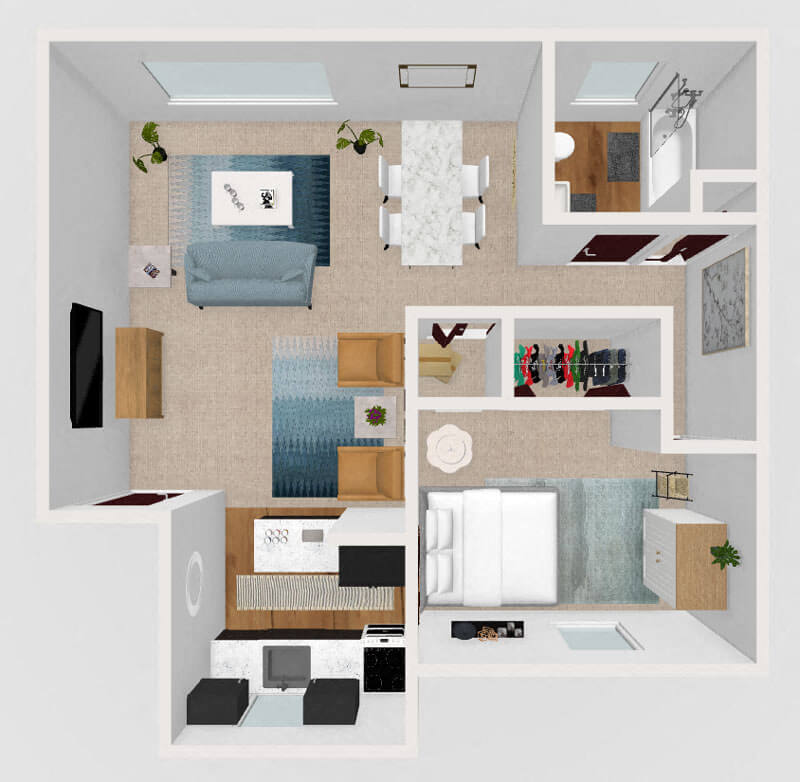 Floor plan for 1 bed, 1 bath, 555 sqft