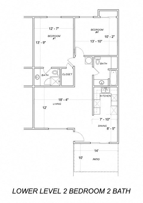 Floor plan for 2 beds, 2 baths, 958 sqft