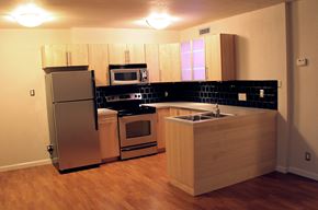 Austin apartment for rent - an empty kitchen with stainless steel appliances and wooden cabinets