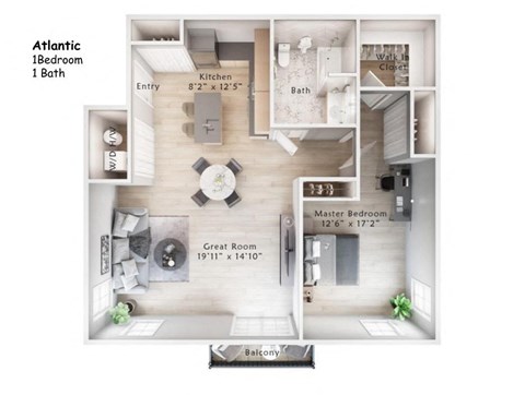 Floor plan for 1 bed, 1 bath, 1012 sqft